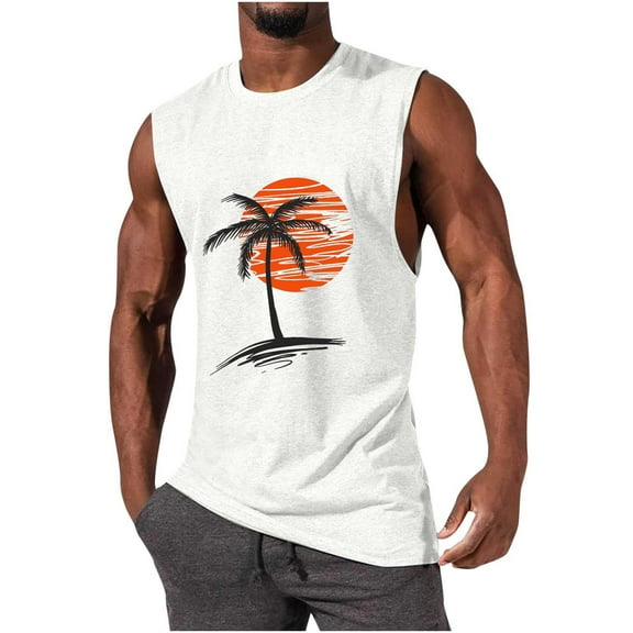 Gifts for Men! Titcea Mens Tank Tops Summer Palm Tree Printed Round Neck Sleeveless Running Shirts Hawaiian Beach Holiday Casual T Shirts