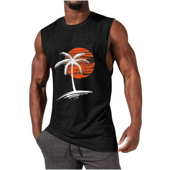 Gifts for Men! Titcea Mens Tank Tops Summer Palm Tree Printed Round Neck Sleeveless Running Shirts Hawaiian Beach Holiday Casual T Shirts