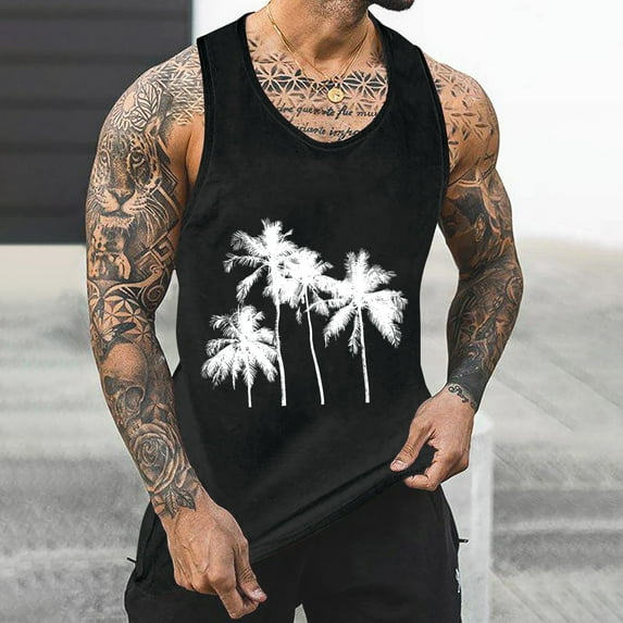 Gifts for Men! Titcea Tank Tops Men Palm Tree Printed Round Neck Sleeveless Graphic T Shirts Workout Running Summer Casual Tank Top