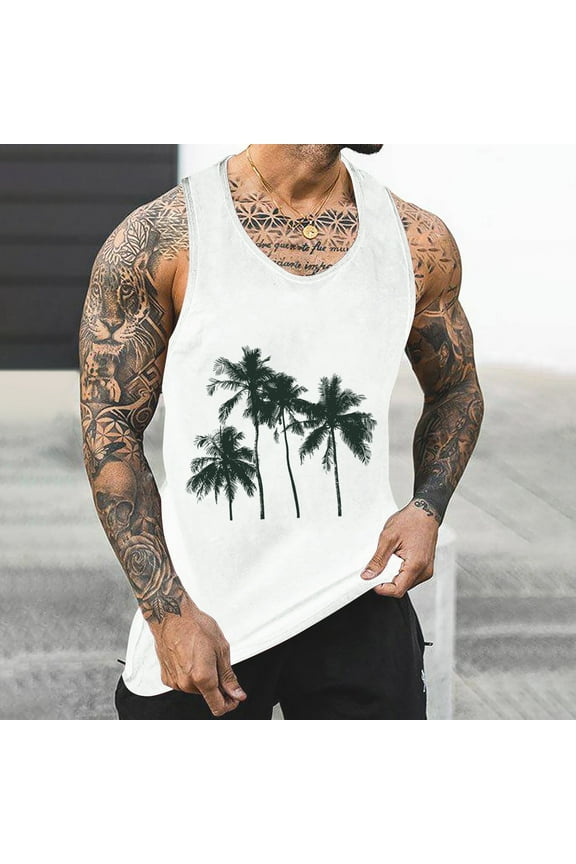 Gifts for Men! Titcea Tank Tops Men Palm Tree Printed Round Neck Sleeveless Graphic T Shirts Workout Running Summer Casual Tank Top