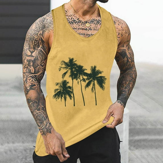 Gifts for Men! Titcea Tank Tops Men Palm Tree Printed Round Neck Sleeveless Graphic T Shirts Workout Running Summer Casual Tank Top
