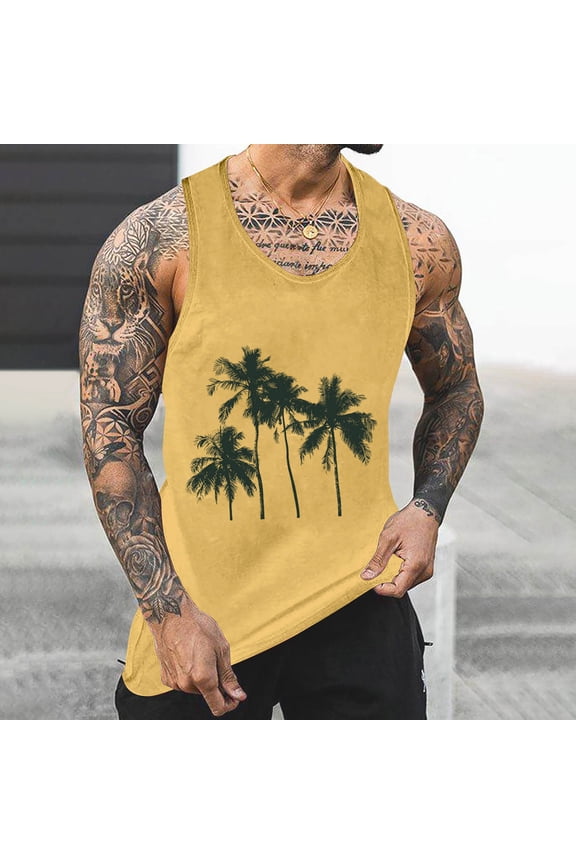 Gifts for Men! Titcea Tank Tops Men Palm Tree Printed Round Neck Sleeveless Graphic T Shirts Workout Running Summer Casual Tank Top