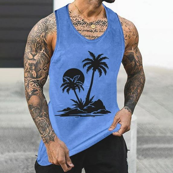 Gifts for Men! Titcea Tank Tops Men Palm Tree Printed Round Neck Sleeveless Summer Casual T Shirts Hawaiian Beach Holiday Loose Comfort Tank Top