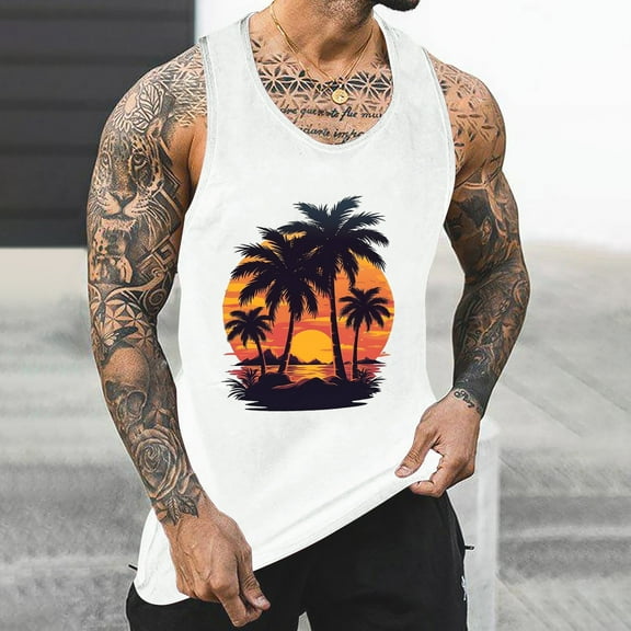 Gifts for Men! Titcea Tank Tops Men Palm Tree Printed Round Neck Sleeveless Summer Casual T Shirts Hawaiian Beach Holiday Loose Comfort Tank Top