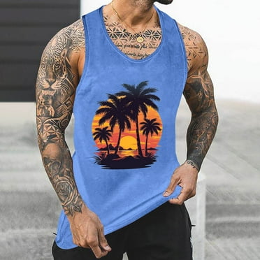 Gifts for Men! Titcea Tank Tops Men Palm Tree Printed Round Neck Sleeveless Summer Casual T Shirts Hawaiian Beach Holiday Loose Comfort Tank Top