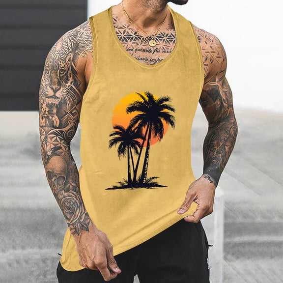 Gifts for Men! Titcea Tank Tops Men Palm Tree Printed Round Neck Sleeveless Workout Shirts Hawaiian Beach Holiday T Shirts Summer Casual Tank Top