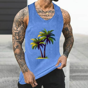 Gifts for Men! Titcea Tank Tops Men Palm Tree Printed Round Neck Sleeveless Workout Shirts Hawaiian Beach Holiday T Shirts Summer Casual Tank Top