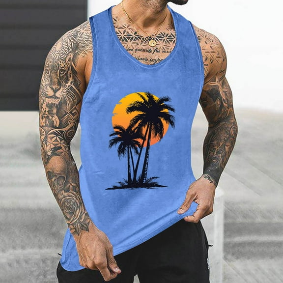 Gifts for Men! Titcea Tank Tops Men Palm Tree Printed Round Neck Sleeveless Workout Shirts Hawaiian Beach Holiday T Shirts Summer Casual Tank Top