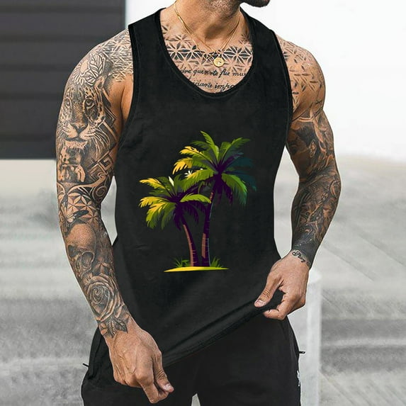 Gifts for Men! Titcea Tank Tops Men Palm Tree Printed Round Neck Sleeveless Workout Shirts Hawaiian Beach Holiday T Shirts Summer Casual Tank Top