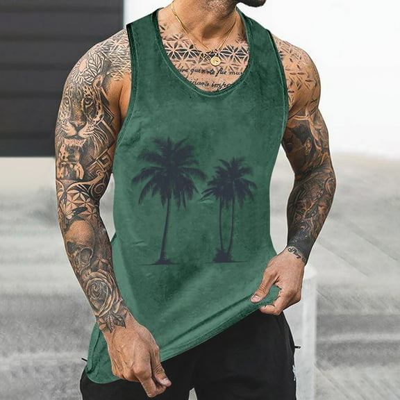 Gifts for Men! Titcea Tank Tops Men Round Neck Sleeveless Palm Tree Printed Workout Shirts Hawaiian Beach Holiday T Shirts Summer Casual Tank Top