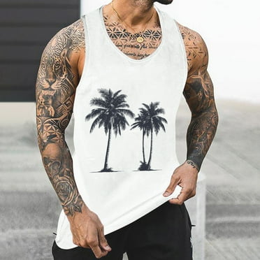 Gifts for Men! Titcea Tank Tops Men Round Neck Sleeveless Palm Tree Printed Workout Shirts Hawaiian Beach Holiday T Shirts Summer Casual Tank Top