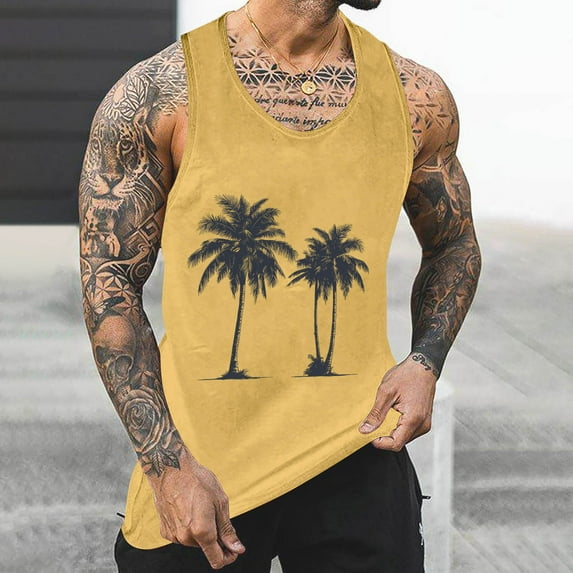 Gifts for Men! Titcea Tank Tops Men Round Neck Sleeveless Palm Tree Printed Workout Shirts Hawaiian Beach Holiday T Shirts Summer Casual Tank Top