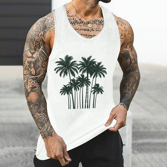 Gifts for Men! Titcea Tank Tops Men Round Neck Sleeveless Palm Tree Printed Workout Shirts Hawaiian Beach Holiday T Shirts Summer Casual Tank Top