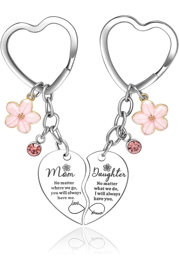 Gifts for Mom Daughter 2 Pcs Pink Flower Rhinestone Charm Mother&Daughter Heart Matching Keychain