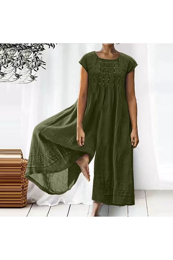 Gifts for Mom,POROPL Casual Solid Cotton Linen Romper Long Playsuit Zipper Short Sleeve Jumpsuit Cargo Pants for Women Green Size 10