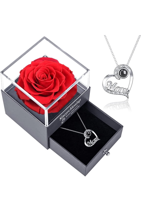 Preserved Real Rose with Necklace I Love You Mom in 100 Languages Forever Rose Mom Necklace from Daughter Son on Mother's Day Birthday
