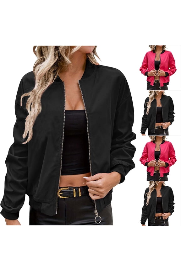 Gifts for Mom! QATAINLAV Baseball Jacket for Women Fall Winter Long Sleeve Zipper Bomber Jackets Solid Color Casual Zip Up Outerwear Black XL