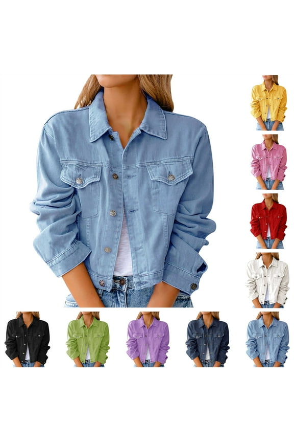 Gifts for Mom! QATAINLAV Teen Denim Jackets for Women Solid Casual Collared Lapel Cropped Jean Coat Slim Fit Cargo Outwear Fashion Clothes Blue XL