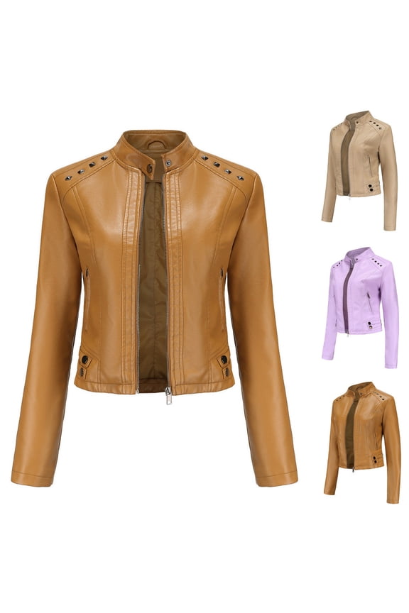 Gifts for Mom! QATAINLAV Women Long Sleeved Rivet Leather Coat Fall Casual Zip Up Stand Collar Motorcycle Jacket Outwears Beige XL