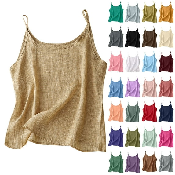 Gifts for Mom! QATAINLAV Womens Linen Tank Tops Sleeveless Spaghetti Strap Dressy Shirts Casual Solid Color Summer Flowy Tanks Blue L