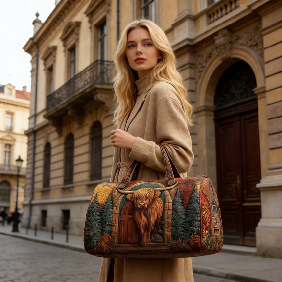 Gifts for Mom Quilted Embroidered Travel Bag Vintage Highland Cow Flower Print Travel Bags Animals Shoulder Quilted Totes