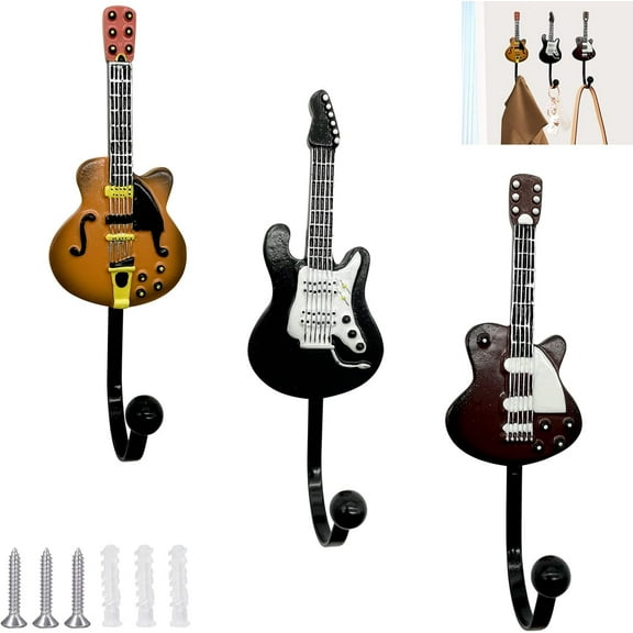 Gifts for Music Lovers, Guitar Music Decor, Decorative Hooks for Wall Hanging Clothes Coats Towels Keys Hats, Wall Mounted Heavy Duty (3-Pack)
