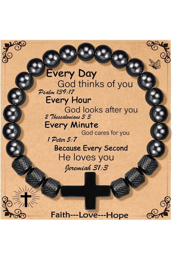 Gifts for New Dad Husband Grandpa Son, Obsidian Cross Bracelet Christian Religious Christmas Fathers Day Birthday Jewelry Gifts for Men