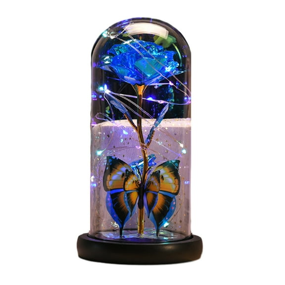 Gifts for Women, Glass Rose Forever Eternal Crystal Flower Birthday Gift Light Up Rose in Glass Dome - azure