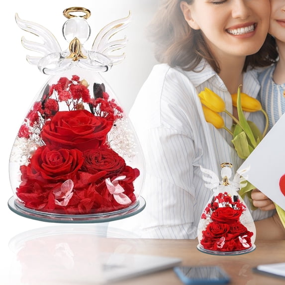 Gifts for Women Mom Mother's Day-Preserved Roses in Glass Angel Figurine, Forever Fresh Flowers for Her Grandma, Gifts for Valentines Birthday