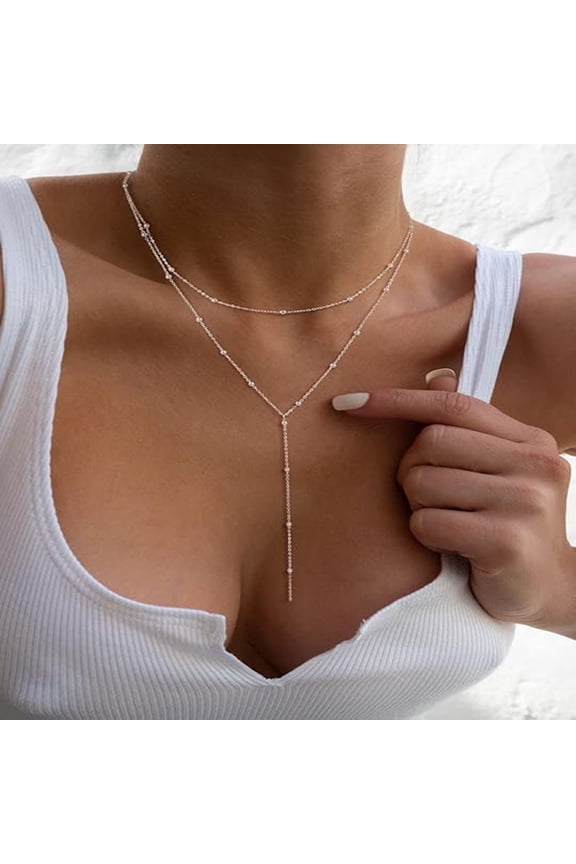 Gifts for women-14k Gold Plated Silver Y Shape Lariat Pendant Necklace for Women Dainty Layered Cz Beaded Chain Drop Simple Gold Jewelry Gift