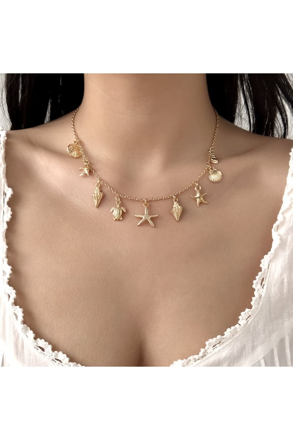 Gifts for women-Gold Plated Starfish Surfer Seashell Pendant Boho Beach Summer Jewelry Gift for Women