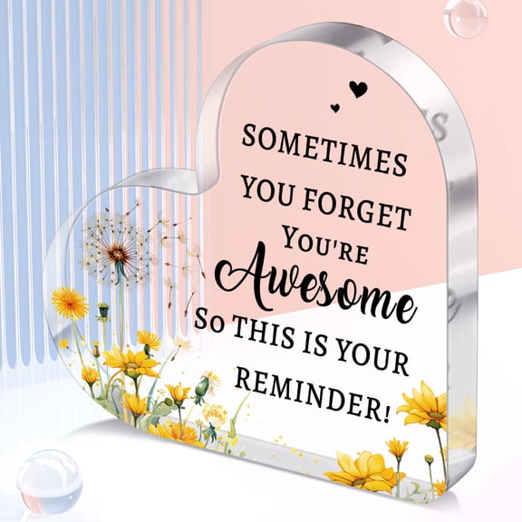 Gifts for yourself and friends- Sunflower Dandelion Printed Acrylic Heart Nameplate Inspirational Text Love Party Favors Beautiful Crystal Desk Decoration for Birthdays Christmas and New Year