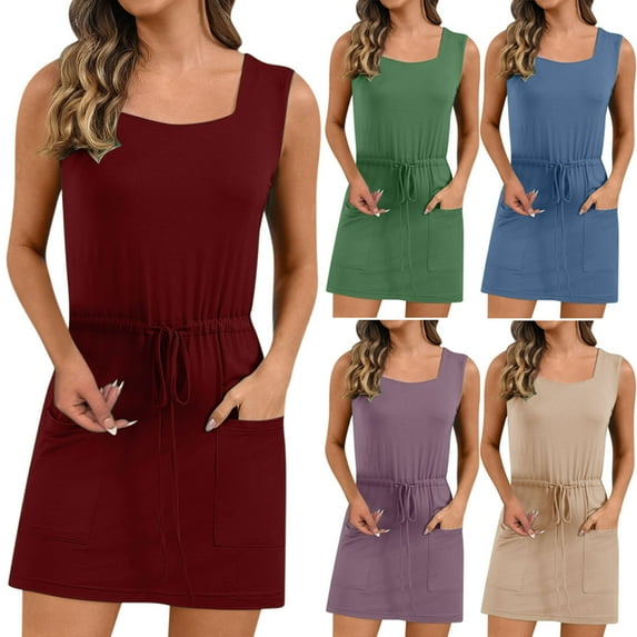 Gifts for her! Women Dress,Vestido de mujer Pocket Dress Sleeveless Tie Waist Solid Color Slim Fit Summer Style Women’s Casual Fashion Dress for Shopping and Leisure Days