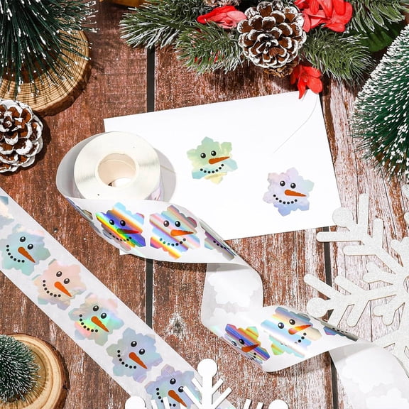 Gifts kcavykas 500 Piece Christmas Snowman Sticker Roll Round Laser Adhesive Labels Waterproof DIY Holiday Decorative Party Seals for Gift Boxes or Craft Supplies