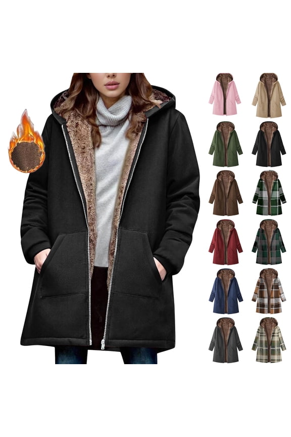 Plus Size Coats for Women Winter Warm Loose Plush Zipper Hooded Coat Solid Drawstring Sweaters Shacket Jacket for Fall, Winter