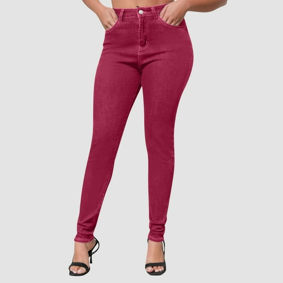 Gifts under $15 Aueoeo Butt Lifting Jeans For Women Curvy High-Rise Stretch Jeans Super Comfy Skinny Jeans L Wine