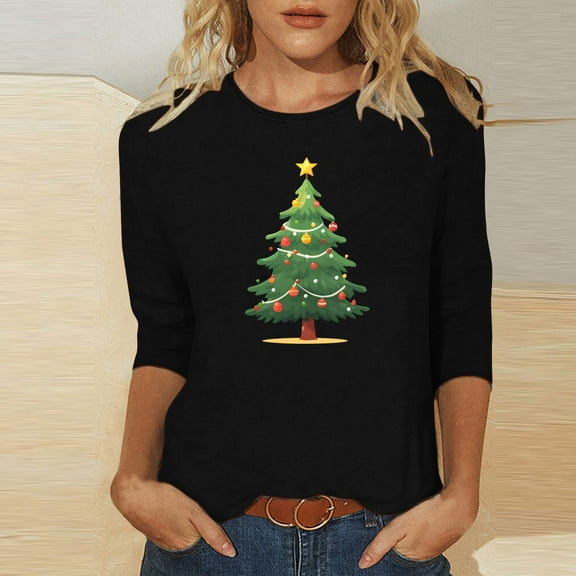 Gifts under $15 Aueoeo Christmas Sweatshirt Women Christmas Tree Printed T-Shirt Casual Long Sleeve Round Neck Pullover Tops Black X-Large