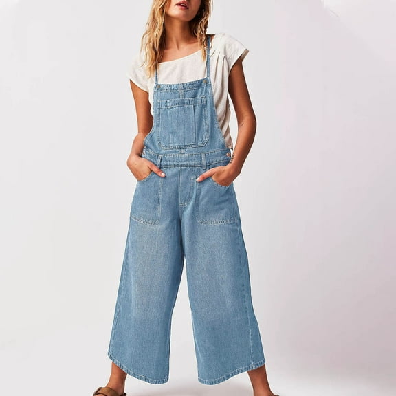 Gifts under $15 Aueoeo Womens Denim Overalls Loose Fits Denim Jumpsuits Rompers Cute Hanging Loose Strap Wide Leg Pants L Light Blue
