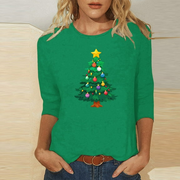 Gifts under $25 Aueoeo Merry and Bright Sweatshirts Women Christmas Graphic Print Long Sleeve Crewneck Shirts Casual Blouse Green XX-Large