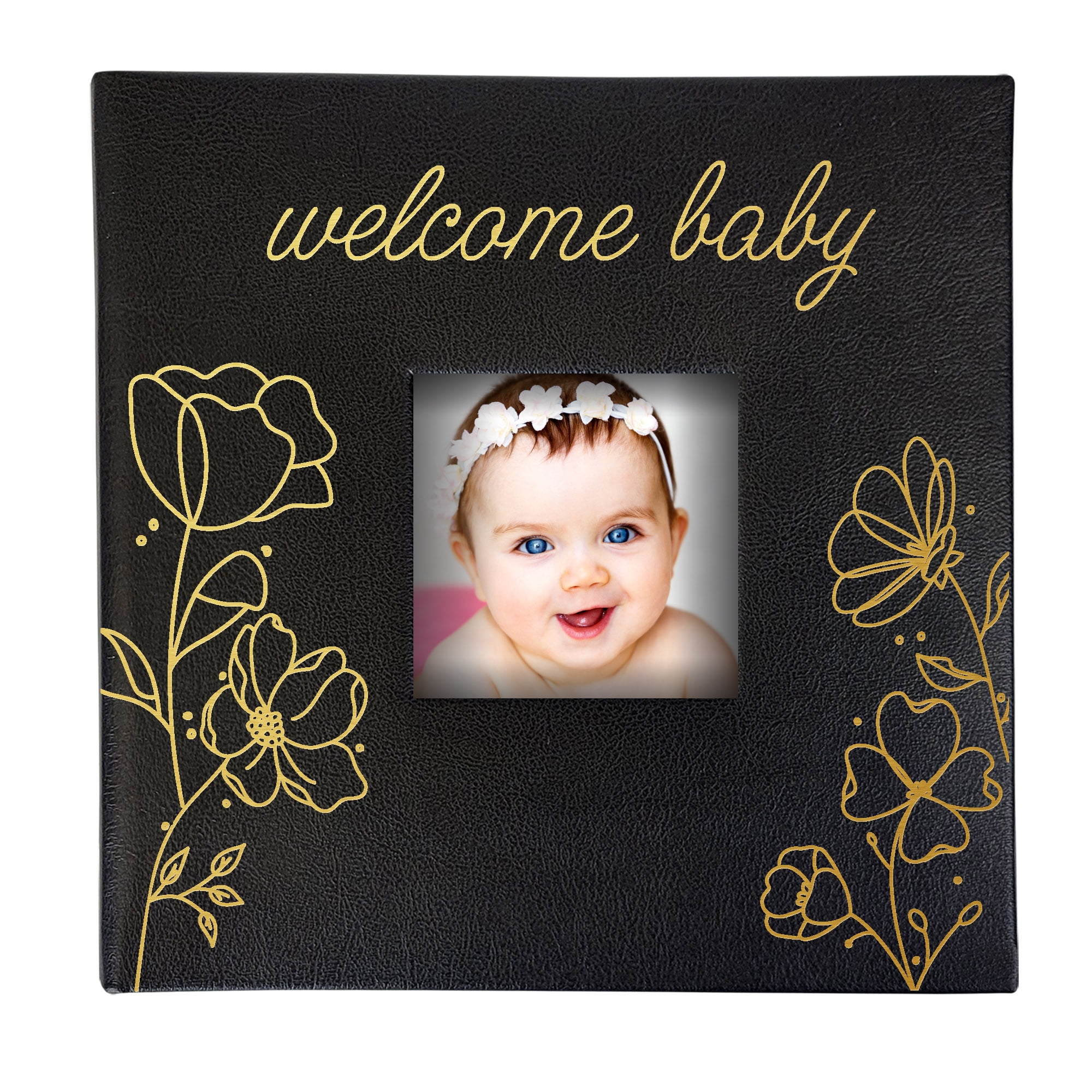 Giftsforyounow Personalized Welcome Baby Floral Print Black Leatherette Photo Album Keepsake