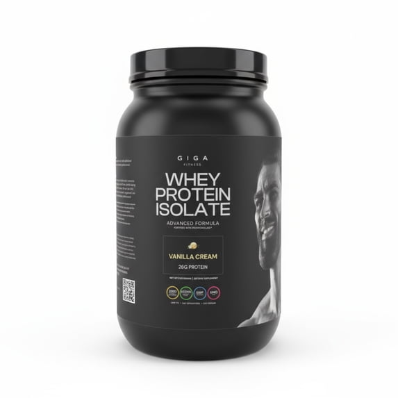 Giga Fitness Whey Protein Isolate Powder, 26g Fast-Digesting Enzyme Blend, Vanilla Cream, 26 Servings