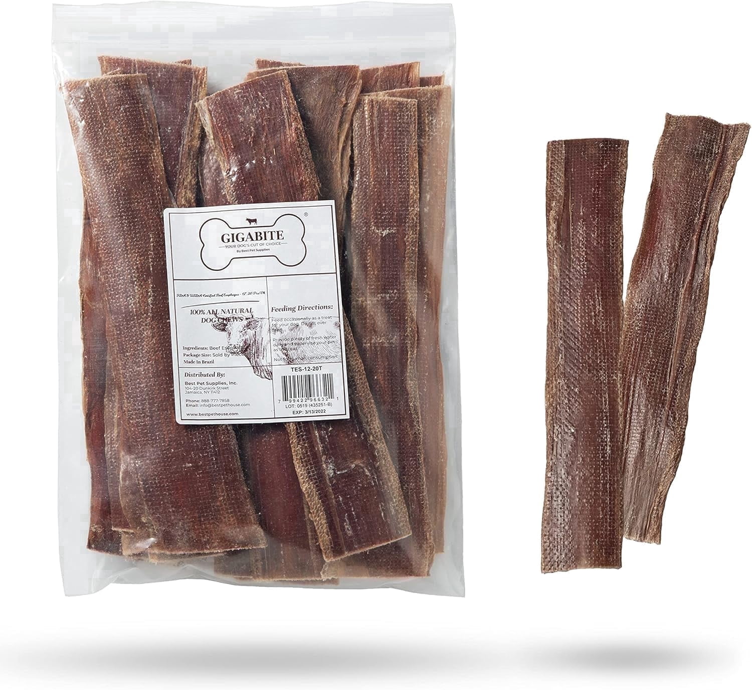 GigaBite 10 Inch Beef Gullet Jerky Strips (18 Pack) - All Natural, Free Range Beef Esophagus Taffy Dog Treat by Best Pet Supplies