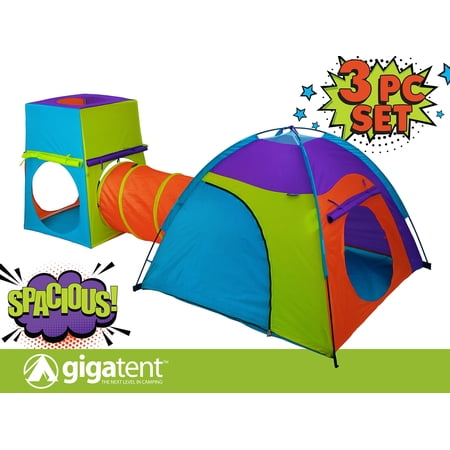 GigaTent 3 Piece Play Set One Dome Tent One Play Tunnel One Cube Polyester Play Tent, Multi-color