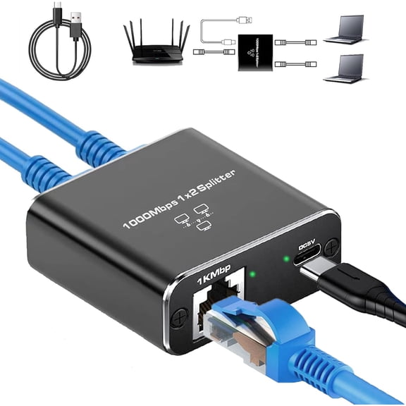 Gigabit Ethernet Splitter 1 to 2 High Speed(2 Devices Simultaneously Networking),1000Mbps Internet Splitters 1 in 2 out, LAN Splitter with USB Power Cable, RJ45 Splitters for Cat5/5e/6/7/8 Cable