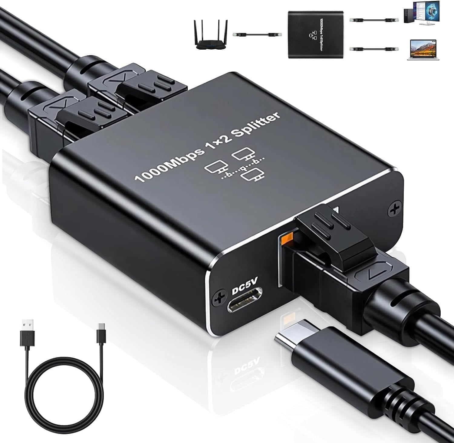 Devicenet Splitters Gigabit Ethernet Splitter 1 to 2 - Network Splitter with USB Power ...