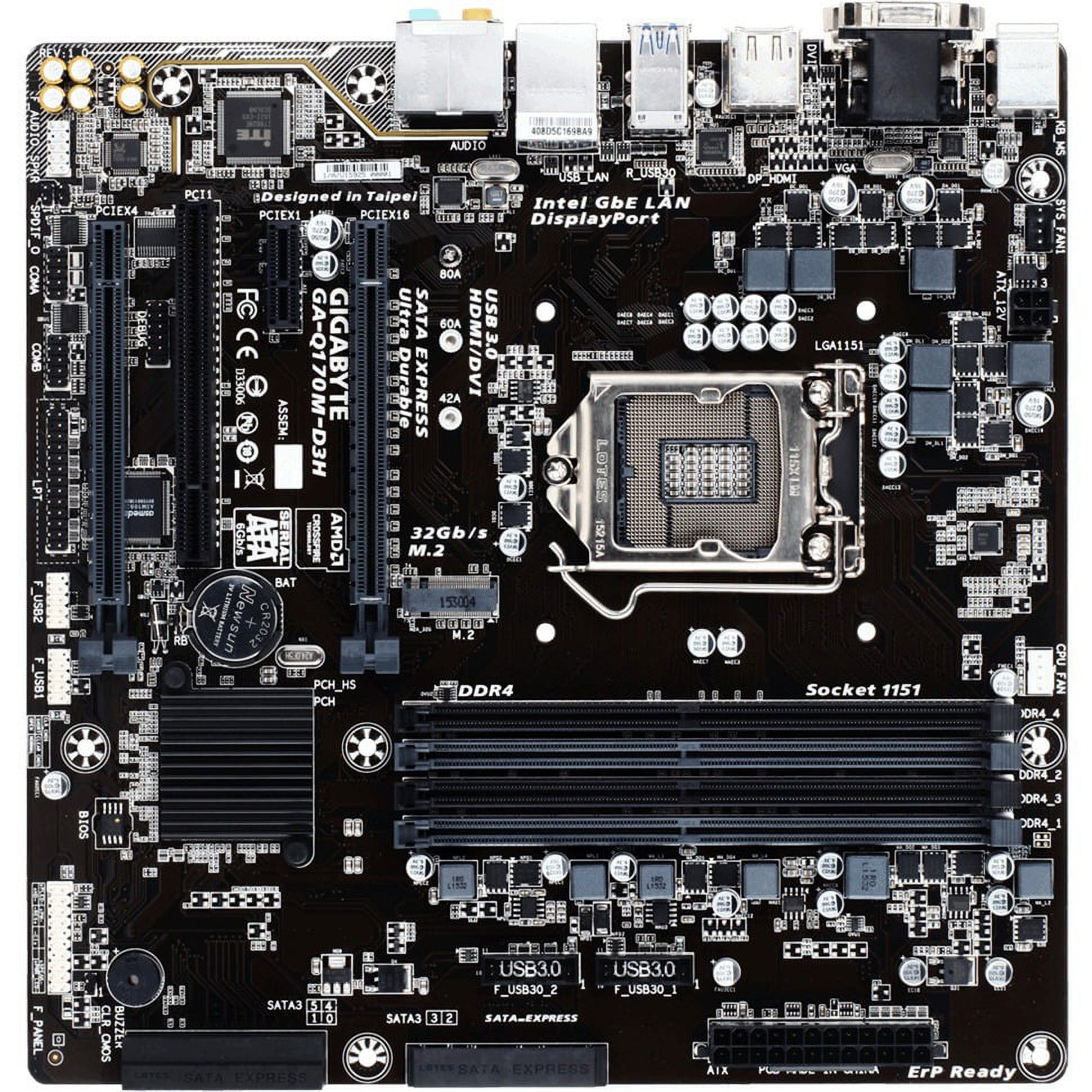 Gigabyte Ultra Durable GA-Q170M-D3H Desktop Motherboard, Intel Q170 Chipset, Socket H4 LGA-1151, Micro ATX - image 1 of 5