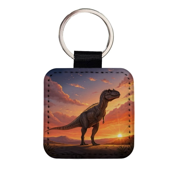 Giganotosaurus Sunset Dinosaur Faux Leather Square Keychain