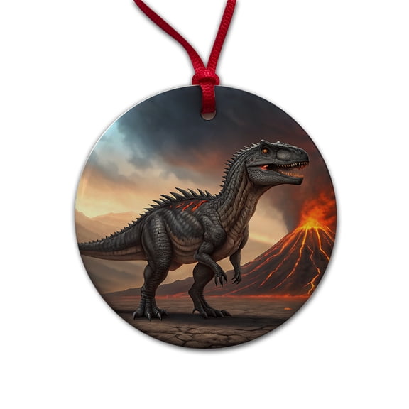 Giganotosaurus Volcano Lava Dinosaur Christmas Tree Holiday Round Ceramic Ornament