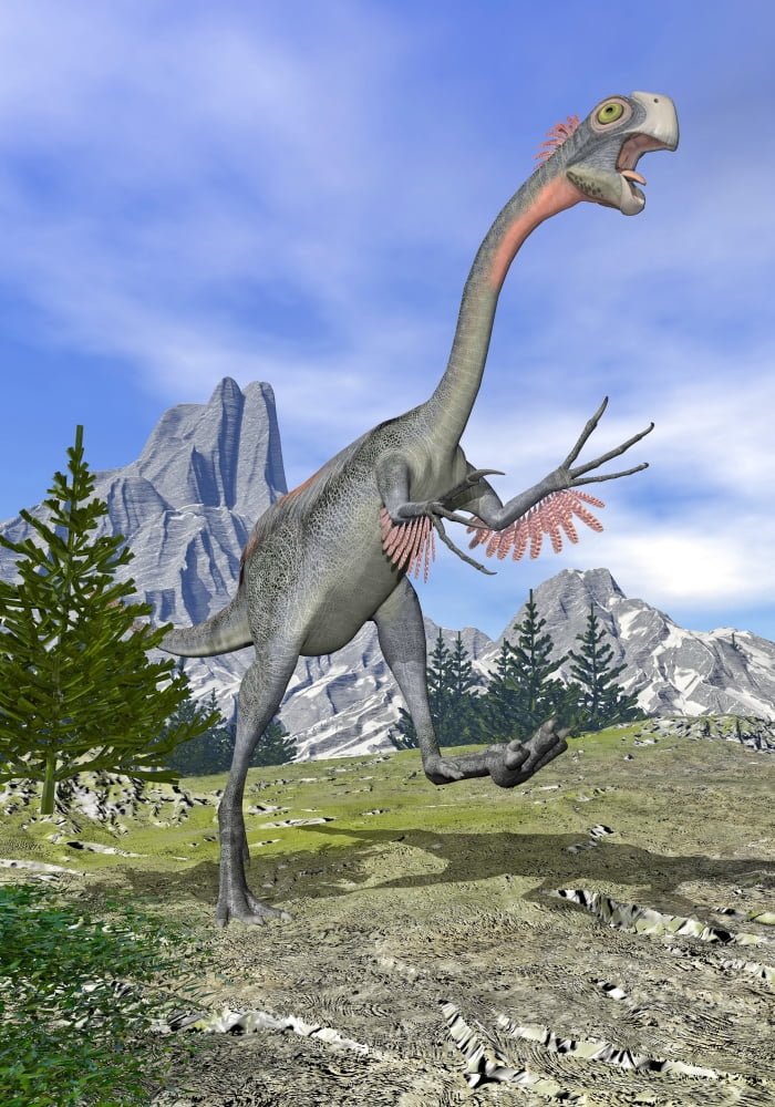 Gigantoraptor dinosaur running in the mountains Canvas Art - Elena DuvernayStocktrek Images (12 x 17)