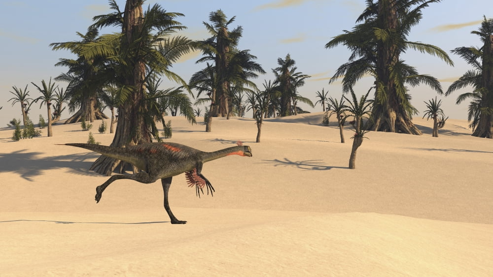 Gigantoraptor running across a prehistoric landscape Canvas Art - Kostyantyn IvanyshenStocktrek Images (19 x 11)